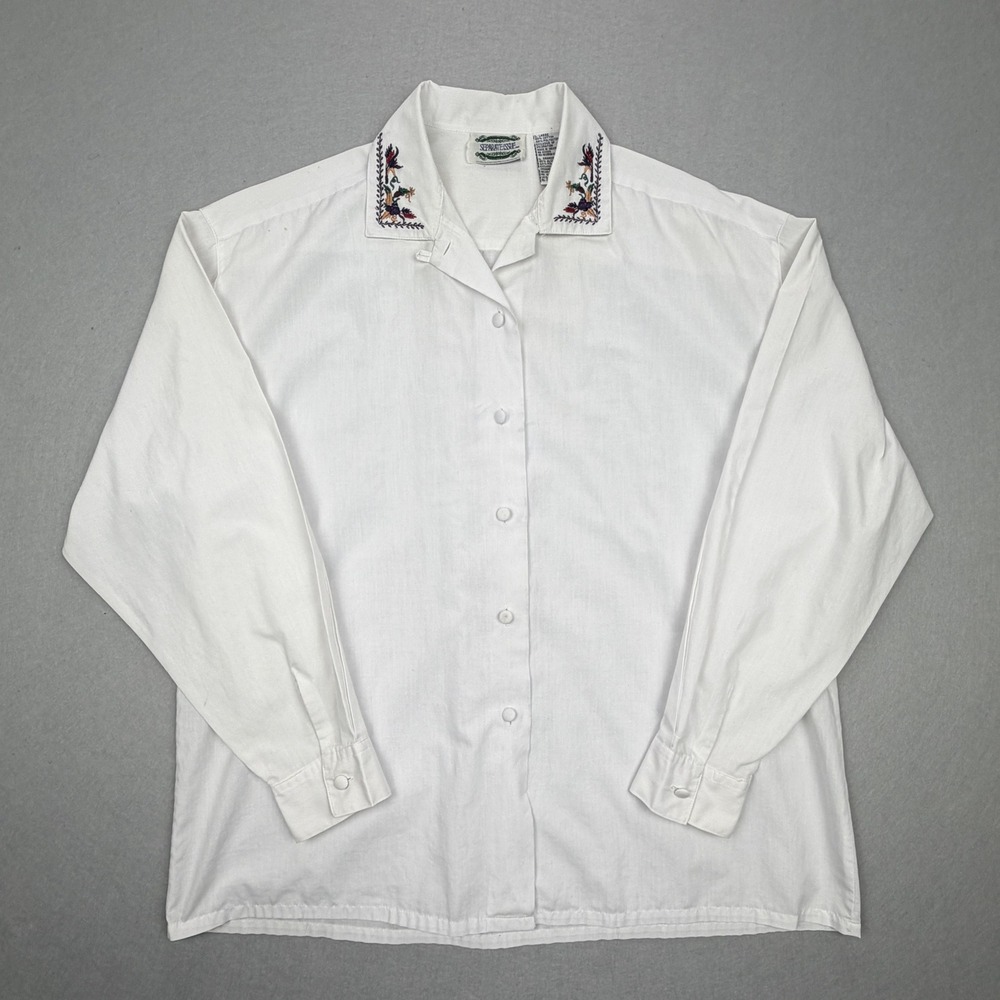 Vintage Separate Issue Womens White Embroidered Floral Collar Button Blouse Lg